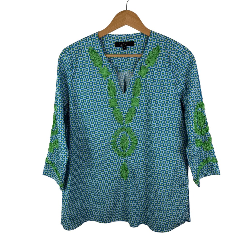 Calessa Embroidered Tunic‎ Top Medium Lightweight Coastal Resort Cotton Boho